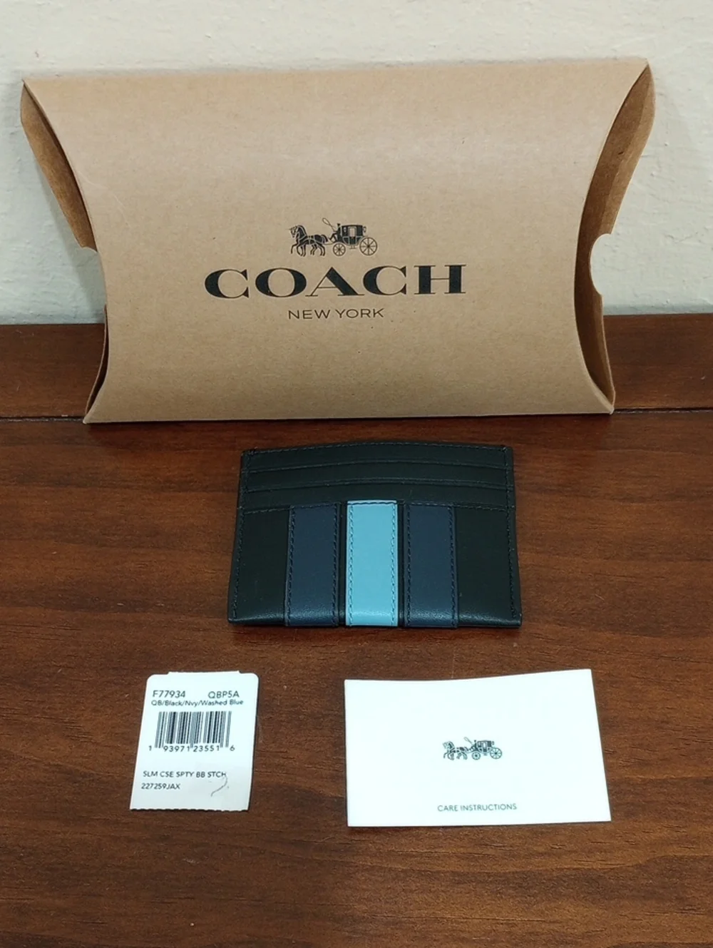 Coach Black Leather Striped Slim Case Card Holder - New!